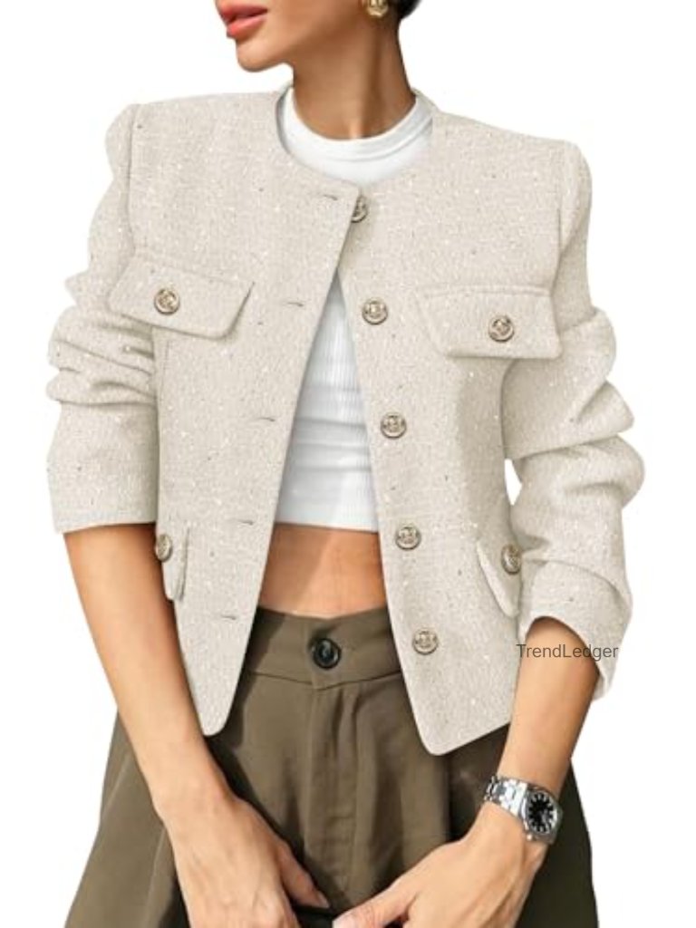 Tweed Blazer Collarless Cropped Jacket With Pockets Casual